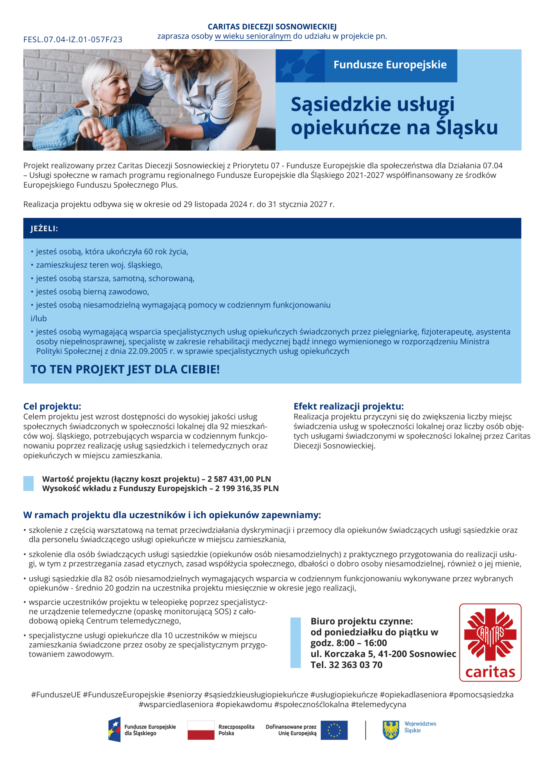 Dwie
kobiety – osoba wymagająca wsparcia siedzi a nad nią pochyla się
opiekun sąsiedzki obejmując ją z troską za ramiona.
